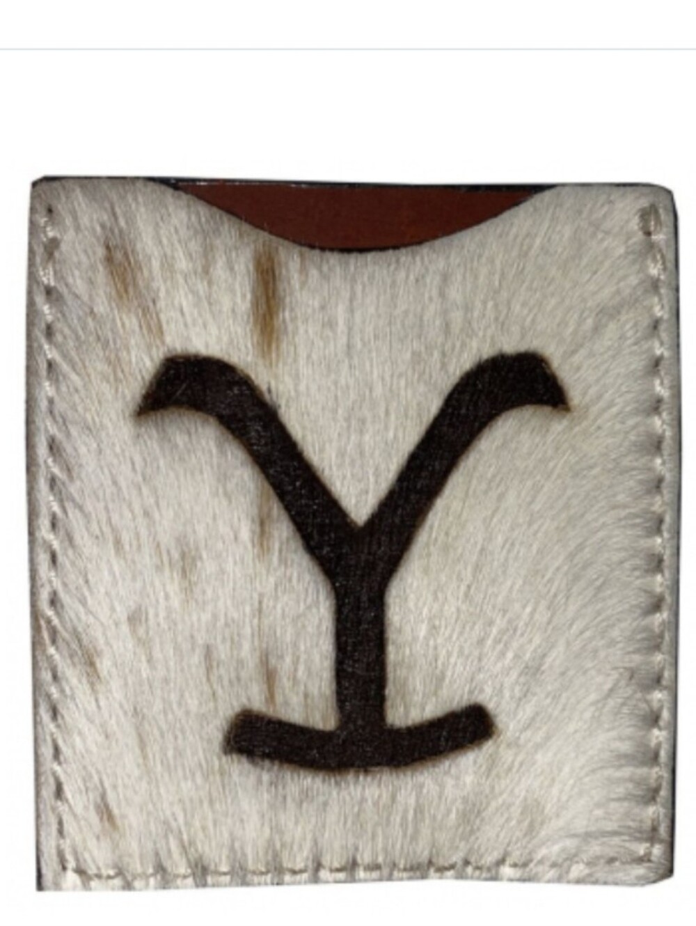 Cowhide Phone Card Holder with 'Y' Accent - White/Brown